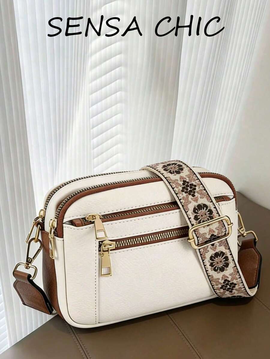 Nova Moda Clássica Padrão Vintage de Palhaço Tira Tecida Material PU Impermeável Sólido Estilo Europeu e Americano Multi-Bolso Design de Zíper Aberto Bolsa de Ombro Carteira Pode Ser Usada Transversal para Compras