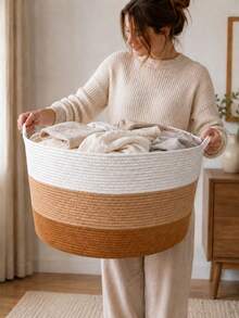 1pc Extra Large Hand-Woven Cotton Rope Laundry Basket, Bohemian Style White Beige Brown Round Striped Design, With Soft Handle, Foldable Large Capacity Clothes Storage Basket, Suitable For Bedroom, Laundry Room, Dorm, All Seasons - Multicolor - View 1