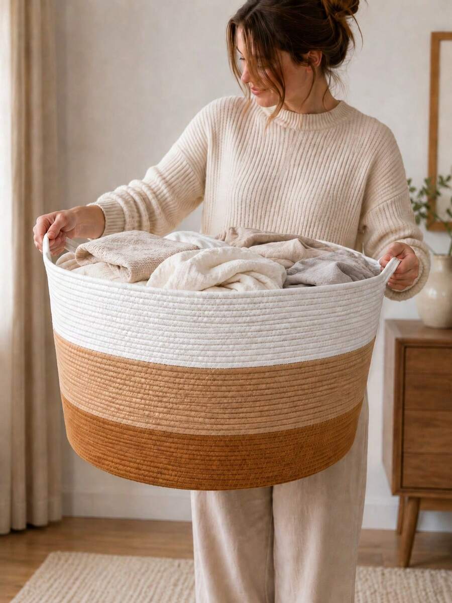 1pc Extra Large Hand-Woven Cotton Rope Laundry Basket, Bohemian Style White Beige Brown Round Striped Design, With Soft Handle, Foldable Large Capacity Clothes Storage Basket, Suitable For Bedroom, Laundry Room, Dorm, All Seasons - Multicolor - View 1