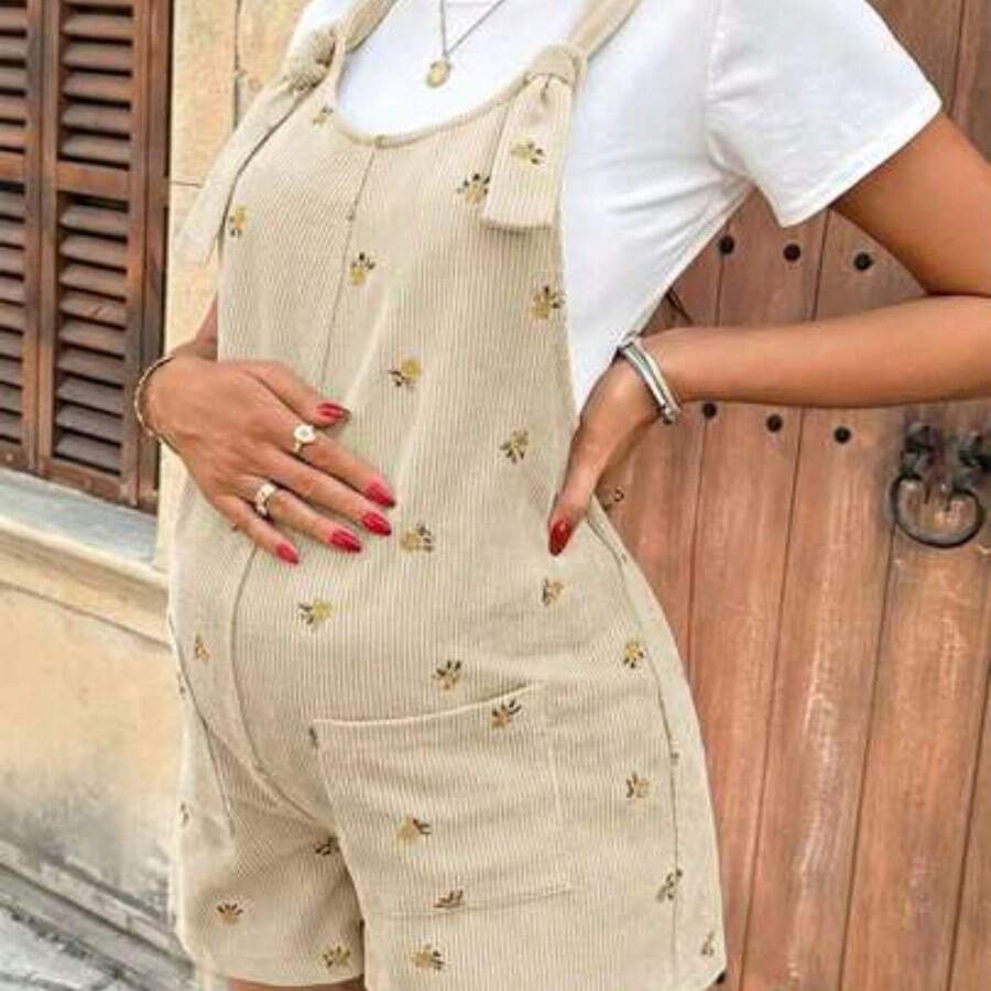 Mono de verano casual con bordado floral para mujeres embarazadas, con tirantes de cordón - Albaricoque - Ver 1