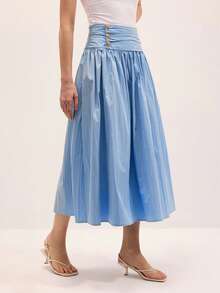 High-Waisted,Pleated,Gold-Buttoned,Fitted Midi Skirt;Gentleand Refreshing Blue Midi A-Line Skirt Transitional Seasons,Commuting,Work Or Group Outings. - 藍色 - 查看 1