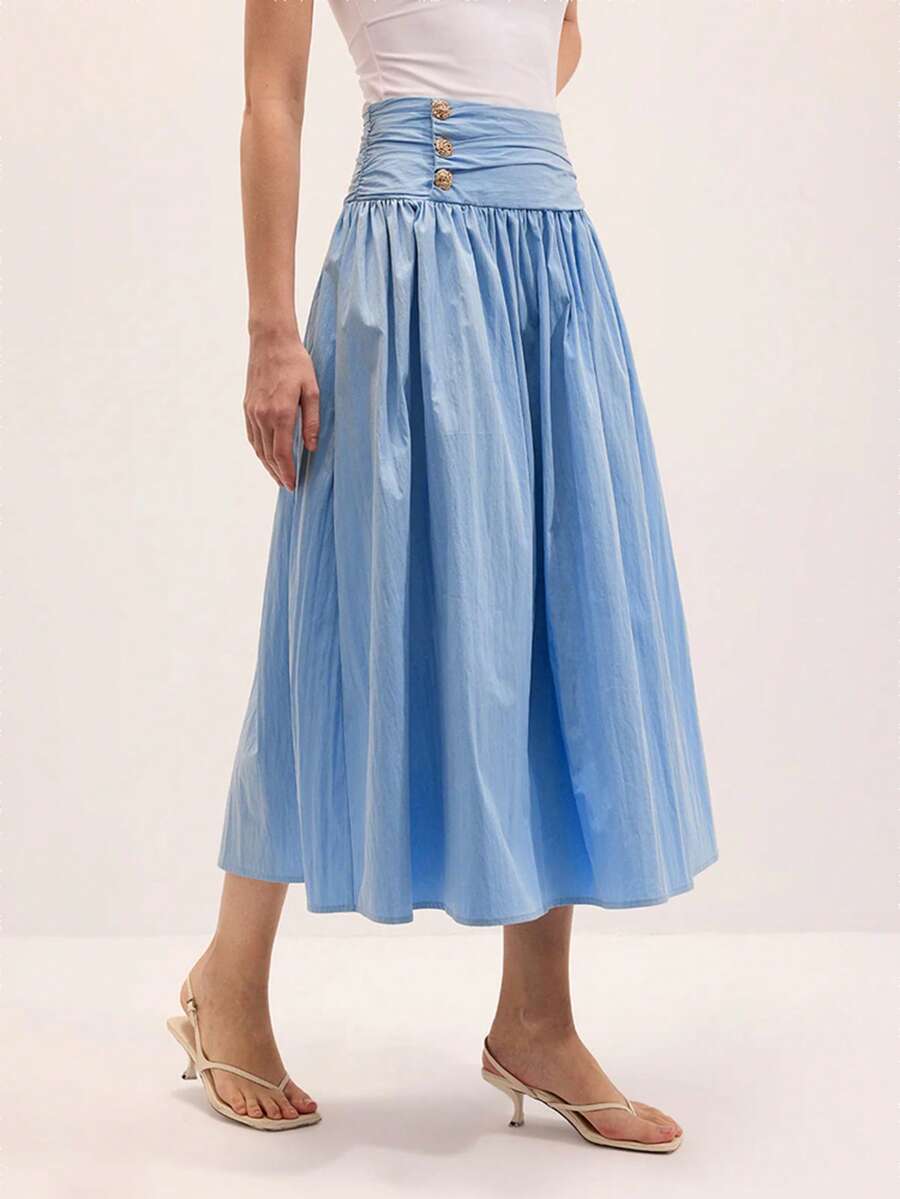High-Waisted,Pleated,Gold-Buttoned,Fitted Midi Skirt;Gentleand Refreshing Blue Midi A-Line Skirt Transitional Seasons,Commuting,Work Or Group Outings. - 藍色 - 查看 1