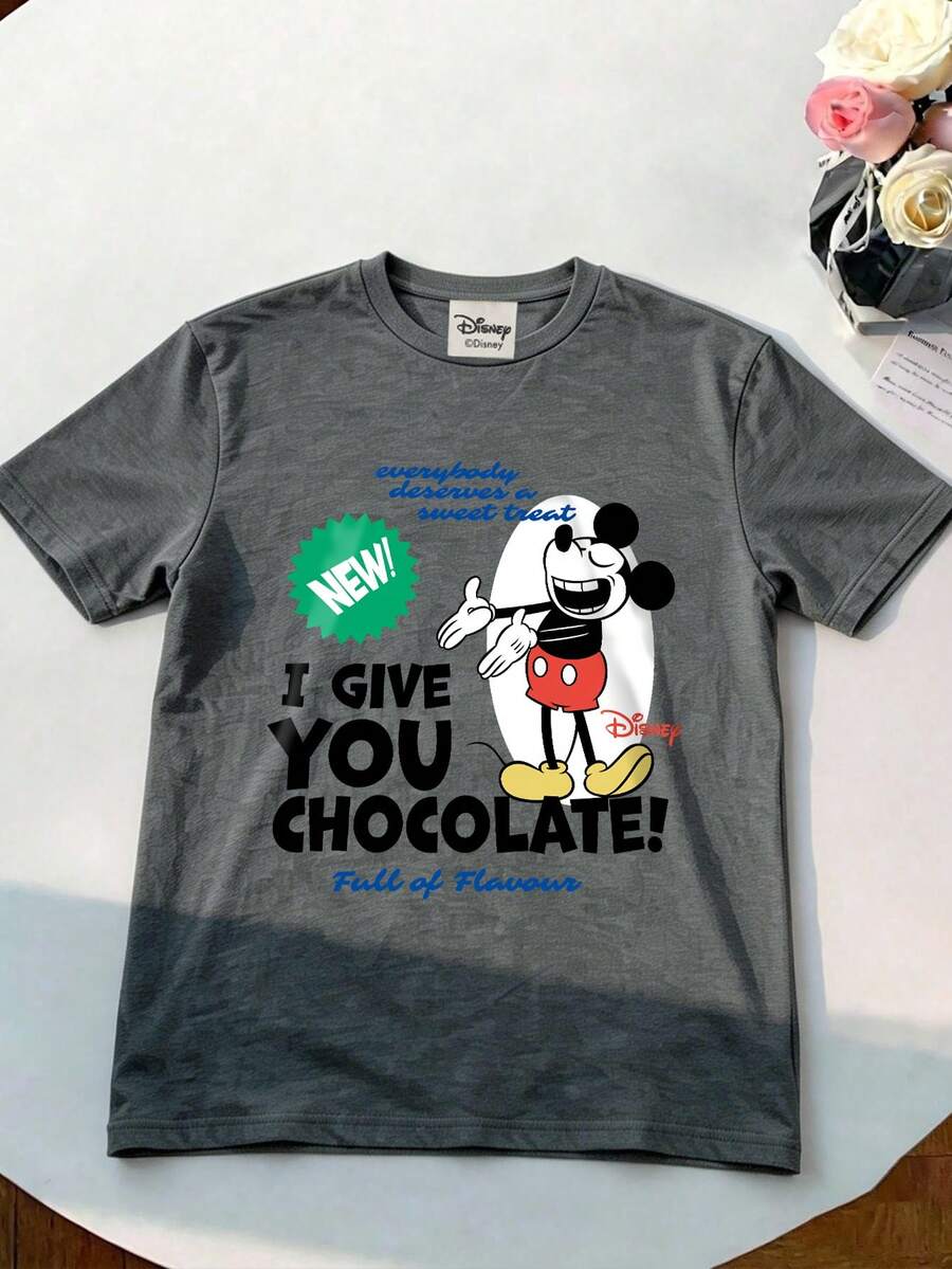 Vintage Street Style T-Shirt, Printed With Disney Mickey Mouse Letter Pattern, Made Of Premium Fabric, Men's Crew Neck Short Sleeve T-Shirt - Grey - View 1
