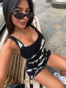 女士扎染露背连体衣，罗纹紧身健身连体衣，撞色性感瑜伽连体衣，夏季训练紧身运动服 - 黑色 - 查看 5