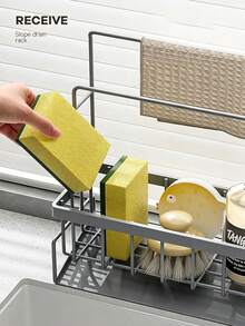 1/2pcs-Estante de almacenamiento para fregadero de cocina, soporte para esponja y paño, escurridor de malla y estante de toallas de doble barra, estante de almacenamiento para cepillo de platos y dispensador de jabón de encimera, adecuado para el almacenamiento de accesorios de fregadero de cocina y baño - Multicolor - Ver 6