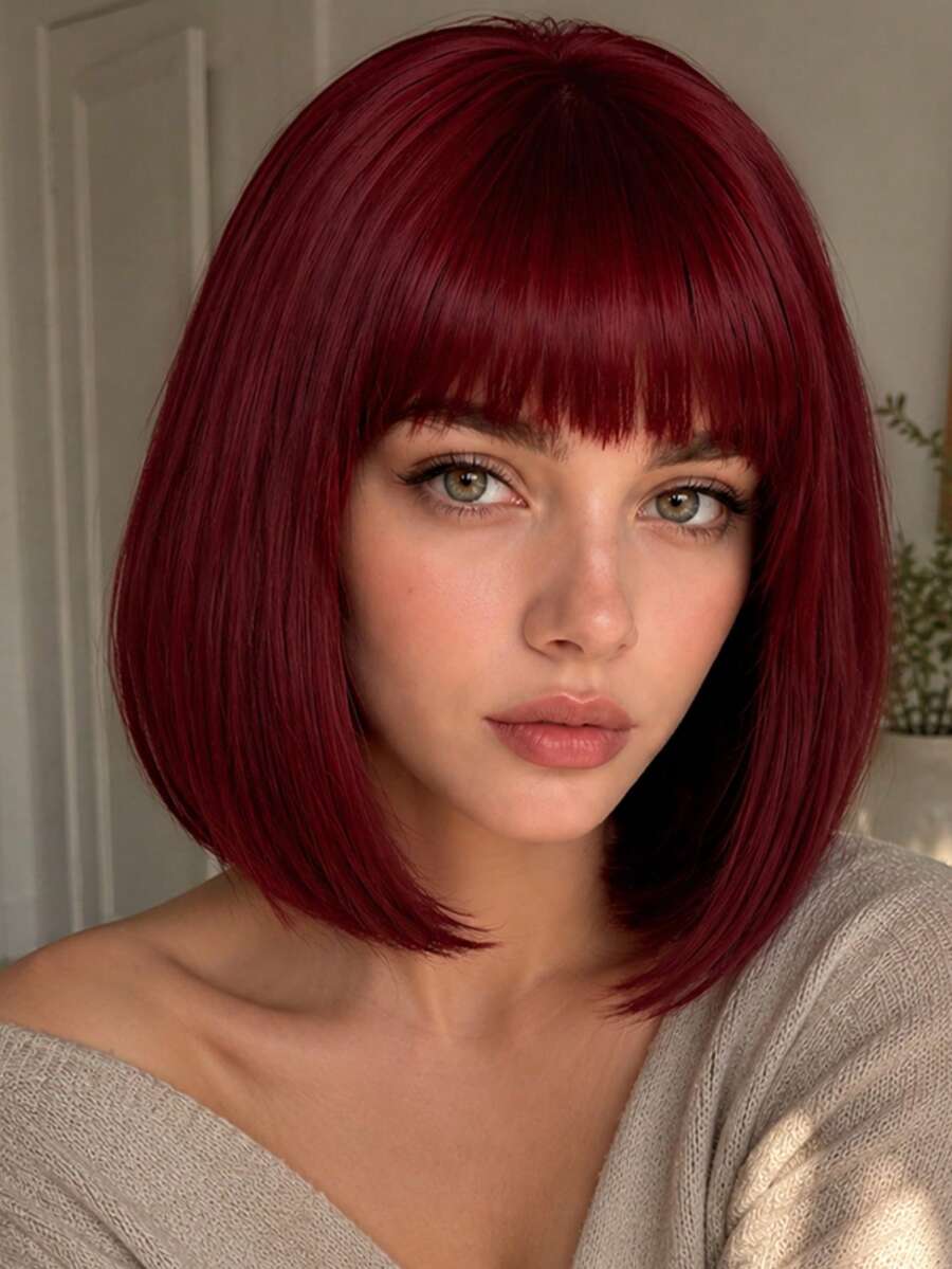12 Inch Burgundy Straight High Temperature Synthetic Wig With Bangs Design, Fluffy Fashionable Women's Style For Halloween, Christmas, Party, Carnival, Cosplay - Burgundy - View 1
