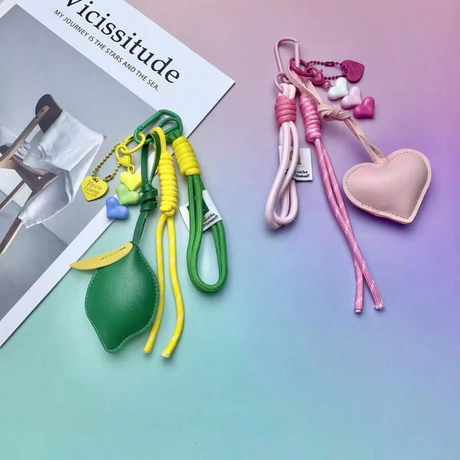 1pc Green Lemon PU Leather Keychain With Star Pendant - 4-In-1 Green & Yellow Nylon Rope Bag Charm, Women's Fashion Backpack & Handbag Accessory, Christmas Holiday Gift - Multicolor - View 1
