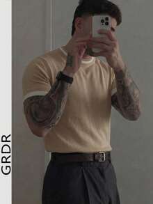 GRDR 男士条纹圆领轻薄针织短袖T恤 - 时尚百搭休闲简约T恤 - 杏色 - 查看 5