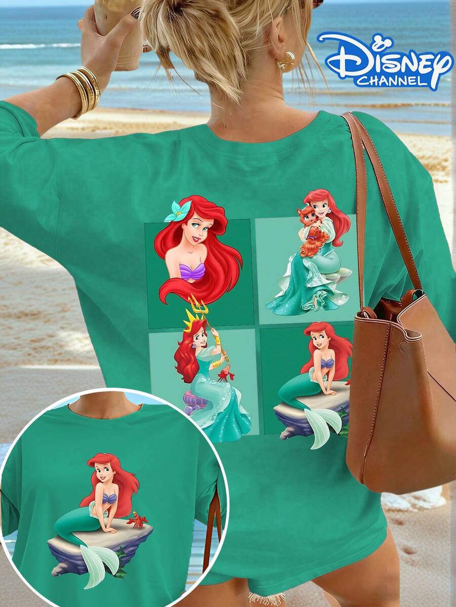 Disney The Ariel Four-Panel Print Oversized T-Shirt, Women's T-Shirts,Summer Tops,July 4th,Disney Collaboration - 綠色 - 查看 1