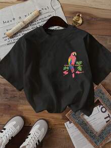 [Estampado de Doble Cara] Top de Moda para Mujer, Ropa de Verano para Mujer, Estilo Tropical, Camiseta de Manga Corta con Cuello Redondo Estampado con Texto de Loro RIO DE JANEIRO TROPICAL - Negro - Ver 2