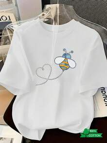 Camisa casual de vacaciones para mujer con estampado de letras y anime a la moda, camiseta de cuello redondo para mujer con diseño sencillo, cómoda y transpirable, elegante y versátil, adecuada para deportes y ocio, un imprescindible de verano, enviada localmente. Camiseta de mezclilla Bee de talla grande, adecuada para salidas, uso urbano y cotidiano. - Negro - Ver 7