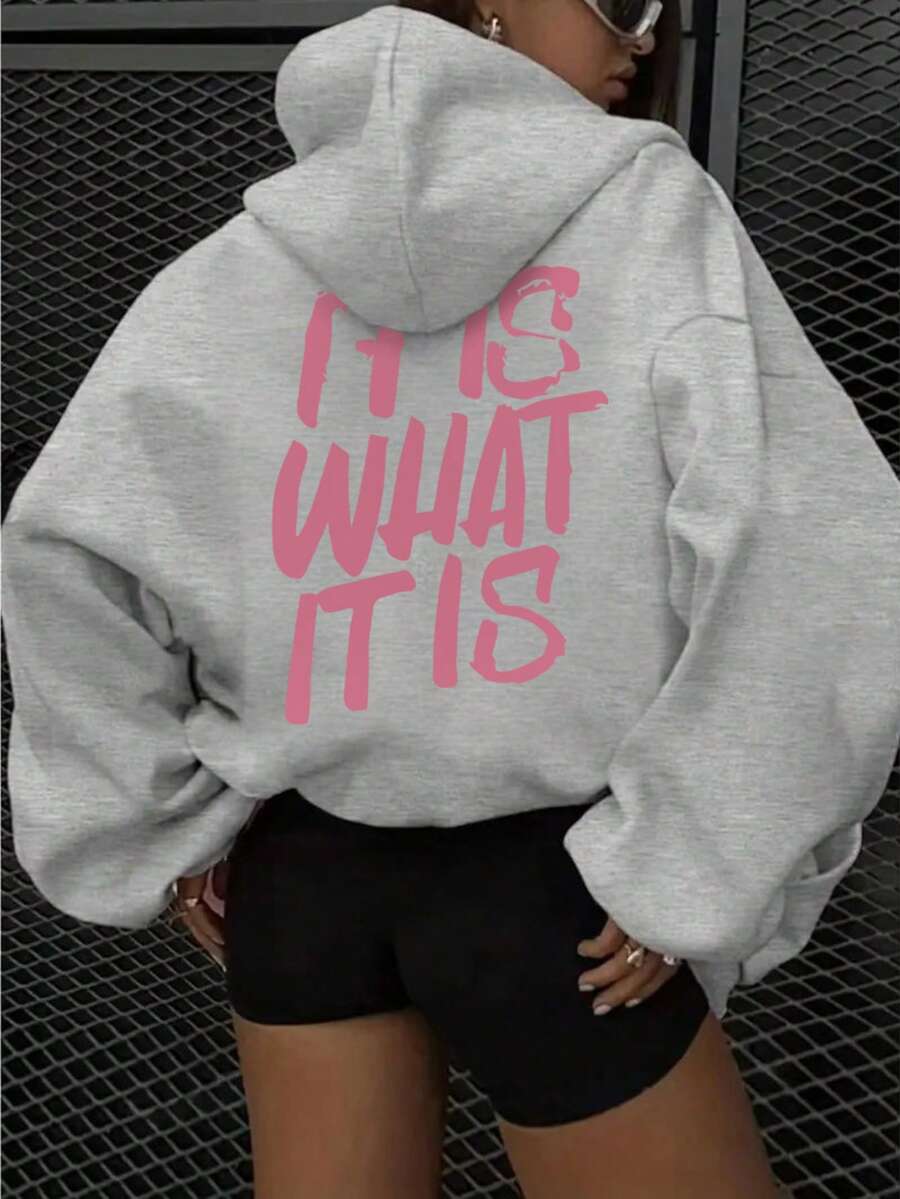 新款女式秋冬連帽衛衣,印有「It Is What It Is」圖案,抓絨內裡,休閒上衣 - 灰色 - 查看 1