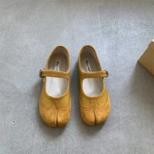Women Vintage Split Toe Mary Jane Flats, Red Low Cut Hidden Heel Ballet Shoes - 黃色 - 查看 3