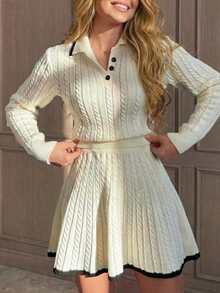 Elegant Knitted Sweater Set Including Turtleneck Pullover With Button Front Long Sleeve Cropped Top And Elastic Waist A-Line Mini Skirt, Suitable For Women Casual Daily, Valentine's Day, Music Festival, Wedding Season, Party Wear White - 白色 - 查看 1