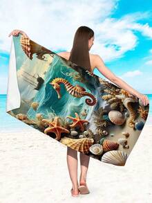 1件超細纖維海洋海灘巾，貝殼、海螺、海星印花快乾吸水柔軟海灘浴巾，戶外度假游泳防沙墊，戶外運動旅行游泳池瑜珈健身運動巾，游泳配件度假必備禮物多功能海灘巾（單面印花） - 薄荷藍 - 查看 6