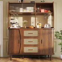 High-Quality Sideboard With Rattan Look And Glass Sliding Doors, 174.5cm High Kitchen Cabinet With Storage Space, Natural Wood/Walnut Look, Load Capacity Up To 60kg - Walnut - 查看 2