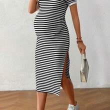 Vestido casual de maternidad de cuello redondo, manga corta, con rayas y bajo dividido, para verano - Negro01 - Ver 1