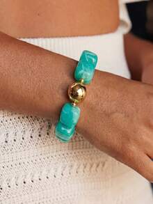 Chunky Colorful Resin Beaded Bracelet Marble Texture Faux Stone Stretch Bangle Stackable Dopamine Summer Vacation Jewelry - Multicolor - View 11