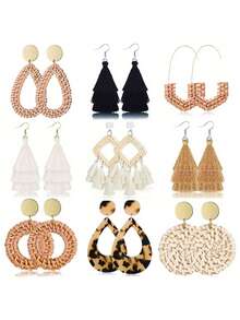 Xiacheng 4-9 Pairs Handmade Rattan/Leopard Print Pendant Earrings, Bohemian Holiday Style Jewelry - Classic Color - View 14