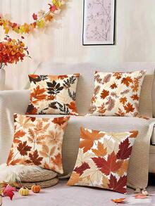 4 piezas de fundas de cojín decorativas de otoño de 18x18 pulgadas con patrones de calabaza, hoja de arce, girasol, trigo y hoja de eucalipto, estilo granja de cosecha de otoño, poliéster, estilo nórdico, adecuadas para sala de estar, sofá, cama y decoración del hogar al aire libre (relleno de cojín no incluido) - Multicolor - Ver 7