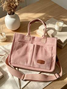 Striped Corduroy Shoulder Tote Bag Large Capacity Foldable - Pink - View 9