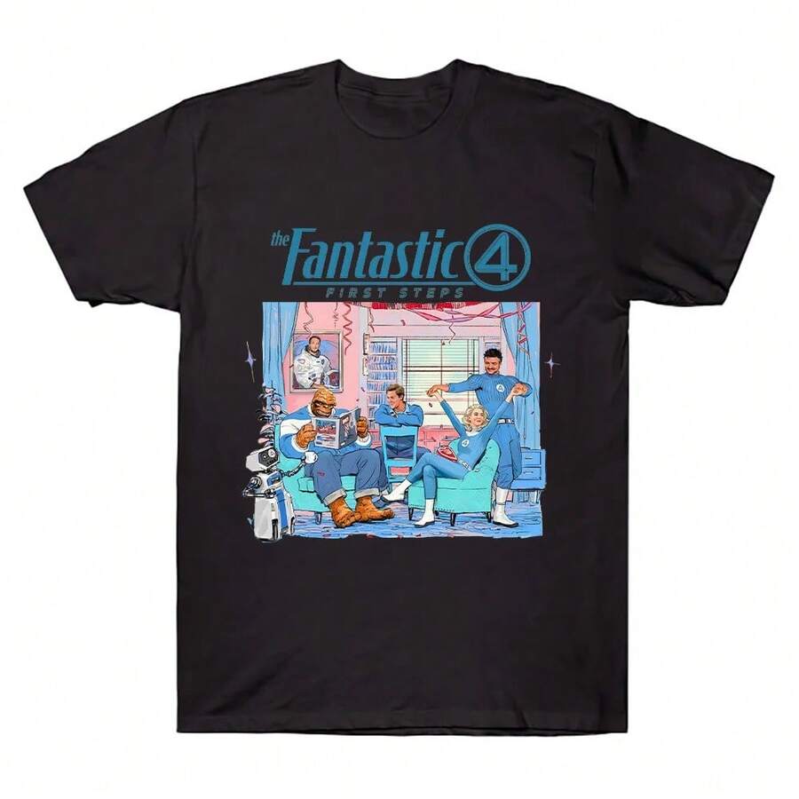 Camiseta de la película Los Cuatro Fantásticos Primeros Pasos 2025, camiseta de algodón para hombres y mujeres, camisetas vintage de manga corta con cuello redondo en estilo callejero hip-hop. - Negro - Ver 1