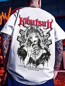 Minimalist. 100% Cotton. 1 Piece. Men's "Fallen Demon" American-Style T-Shirt, Casual, Sporty, Streetwear, With A Female Demon Print, Short Sleeve. Spring/Summer Top. - 白色 - 查看 1