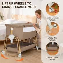 4-In-1 Baby Bassinet For Boys Girls Infant, Bedside Sleeper Crib With Wheels, Storage Basket And Mattress,7 Height Adjustable For Newborn,Khaki-Brown - Khaki-brown - View 3