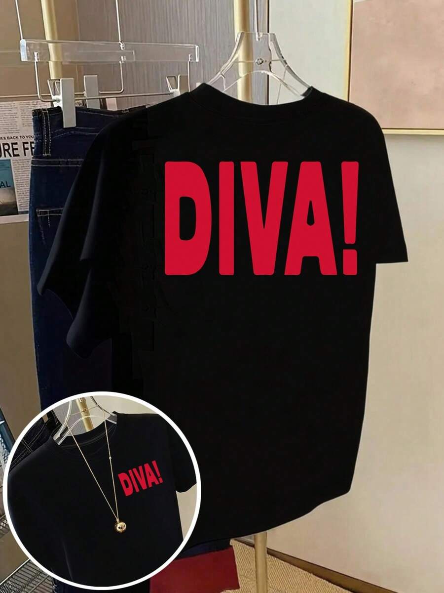 Women's Shirts, Women's Clothing, Short-Sleeved T-Shirt With Front And Back Print - DIVA, Queen Print - Women's T-Shirt With Print For Spring And Summer, Fashion Item. - 黑色 - 查看 1
