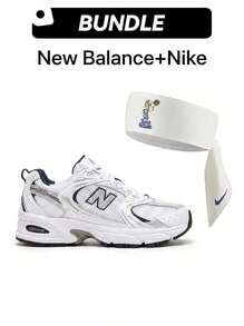 [New Balance+Nike]New Balance 530 男款運動鞋，白色銀色深藍色，全天候舒適與經典風格。採用透氣白色網面鞋面，搭配金屬銀色與光滑白色皮革飾片 - 白色/天然靛藍+白色 - 查看 1