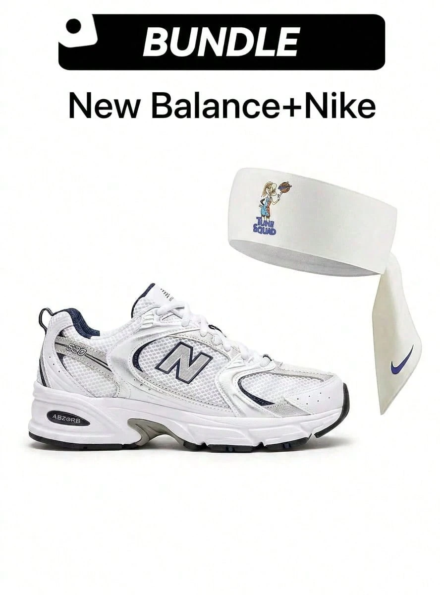 [New Balance+Nike]New Balance 530 男款運動鞋，白色銀色深藍色，全天候舒適與經典風格。採用透氣白色網面鞋面，搭配金屬銀色與光滑白色皮革飾片 - 白色/天然靛藍+白色 - 查看 1