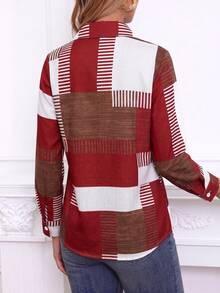 Áo sơ mi casual vintage tay dài phối màu block, in họa tiết, trước kẻ caro, cài nút trước - Gỗ đỏ - Xem 4