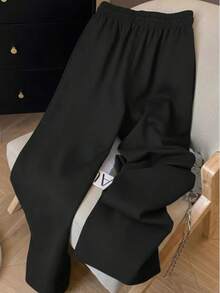 女士宽松直筒运动裤，休闲阔腿裤，多功能运动休闲长裤，春夏黑色 - 黑色 - 查看 11