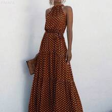 xuehuamaoyi02  Vestido largo con estampado de lunares, volantes en el bajo y cinturón para mujer - Rojo y blanco - Ver 2