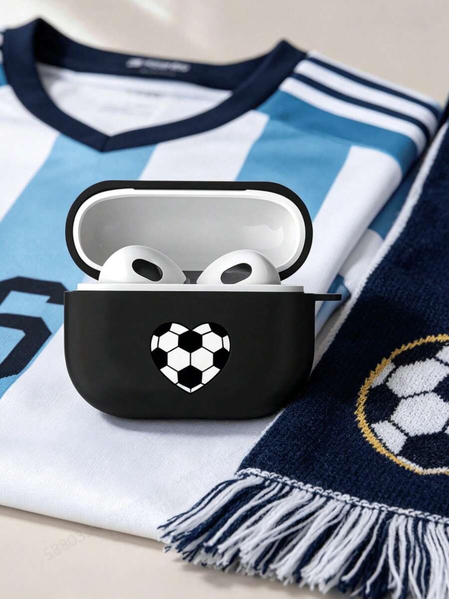 Funda de teléfono Apple con patrón de corazón de fútbol, silicona negra, a prueba de golpes, carcasa blanda, compatible con 1/2/3/Pro/Pro2/Pro3, estilo deportivo, personalizada - Blanco y Negro - Ver 1