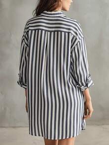 Women's Casual Striped Shirt Dress, Short Woven Fabric, Three-Quarter Sleeves, Collar Design, Perfect Choice For Casual Outings In Autumn. Elegant - Blue and White - View 2