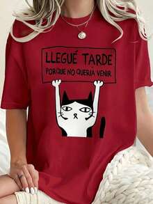 White T-Shirt With Funny Phrase "I WAS LATE BECAUSE I DIDN'T WANT TO COME" And Cat, Sarcastic Humor T-Shirt In Spanish Printed, Women's Oversized Loose Aesthetic Casual Blouse - 紅色 - 查看 1