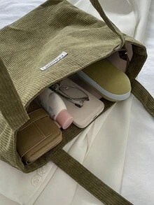 Corduroy Solid Color Shoulder Tote Bag - Green - View 9