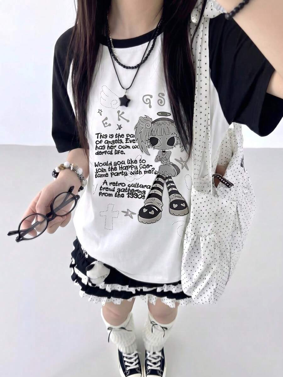 女士夏季新款休闲Y2K卡通印花圆领插肩袖撞色纯色短袖T恤 白色 - 白色 - 查看 1
