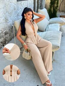 Blazique Elegant Sexy Women's Halter Backless Tank Top And Pants 2 Pieces Set, With Decorative Details Summer - Apricot - View 3