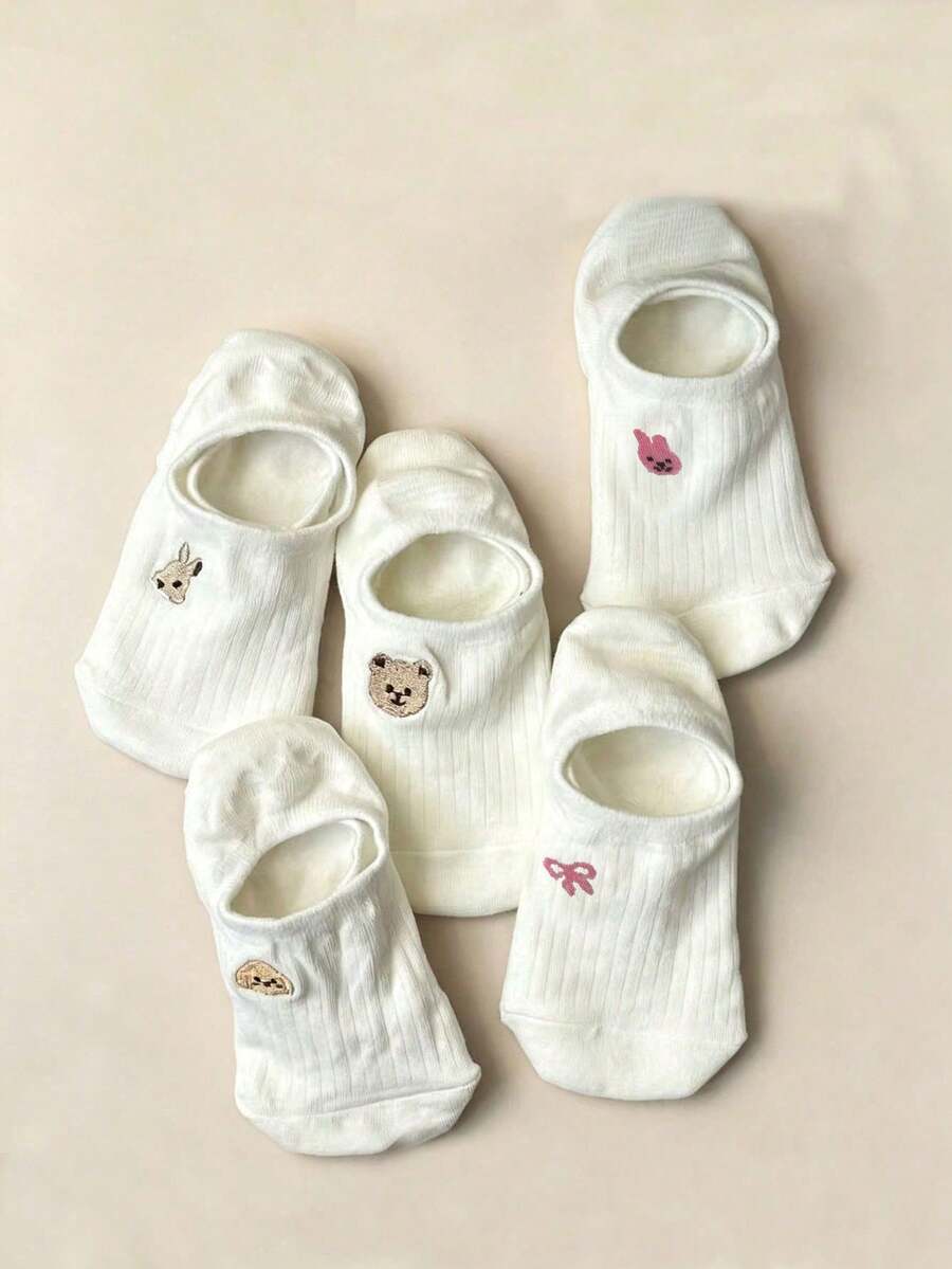 5 Pairs Women's Cartoon Pattern Solid Color Boat Socks, Cute Comfortable Breathable Invisible Socks, Suitable For Daily Commute, All Seasons, Random Style - Multicolor - View 1