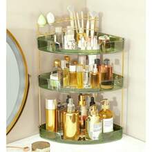 FELIZHOUSE Organizador de maquillaje de 3 niveles para tocador y mostrador de baño Estante de almacenamiento acrílico con bandeja para perfumes y soporte para brochas de maquillaje instalación sin - Verde - Ver 2