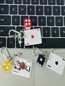 1/3pcs Poker Card Dice Keychain With Star Pendant, Spade Diamond Club Alloy Metal Keychain, Decorative Keychain, Can Be Hung On Bags, Cartoon Number Theme Accessory, Car Keychain, Pendant, Phone Chain, Car Hanging Ornament, Key Chain - Multicolor - View 3