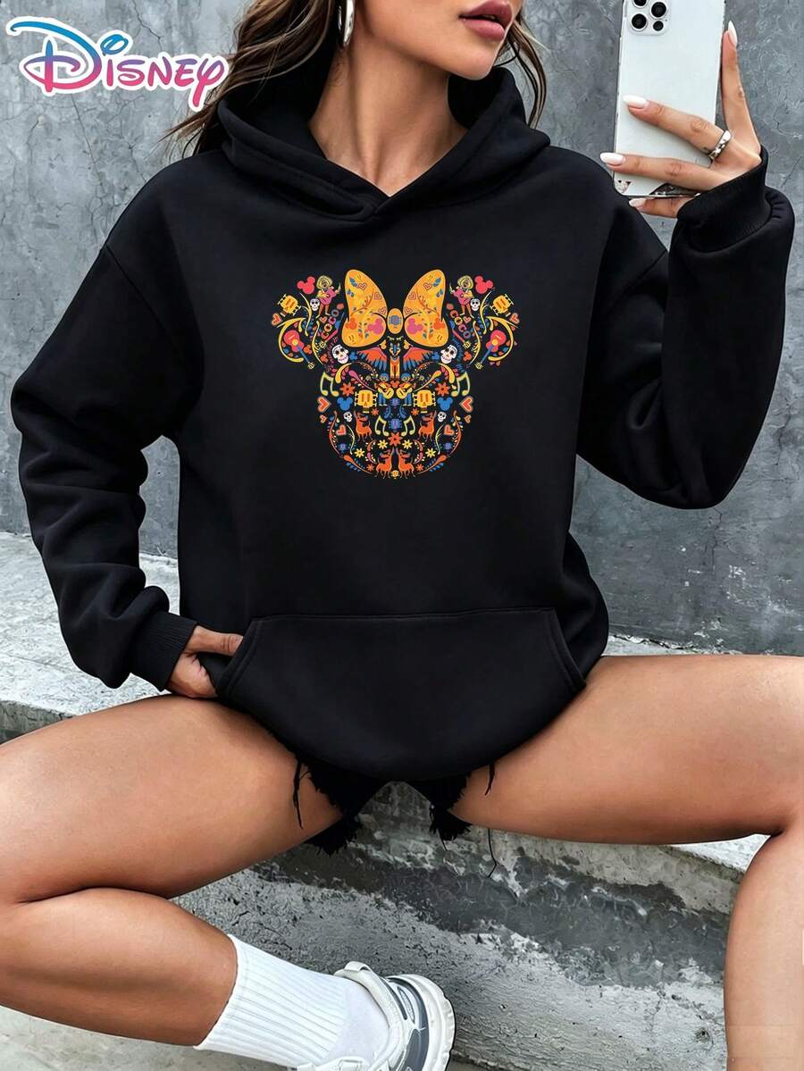 Disney Minnie Mouse Bow Vibrant Cultural Folk Art Pattern Cartoon Graphic Pullover Hoodie Women's Casual Daily Wear Long Sleeve Soft Comfortable Festive Themed Vacation Streetwear Top It Is A Gift For Fans And Friends, And It Is Also A Perfect Gift Choice For Lovers And Relatives. - màu đen - Xem 1