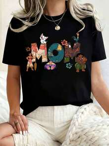 Disney Women Round Neck T Shirt Moana Characters Mom Print Casual Summer Wear Mother S Day Gift 220g - 黑色 - 查看 1