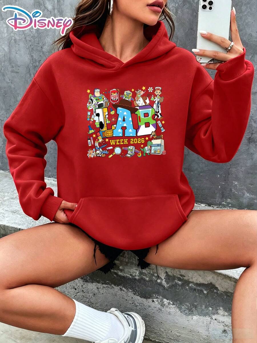 Disney Authorized Sweater, Disney Toy Story Lab Week 2026 People Science Lab Pattern Printing Hoodie Women's Dress, Kangaroo Pocket - 紅色 - 查看 1