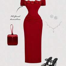 jianchaimaoyi02  MOD Vestido tubo midi con fruncido floral 3D en color rojo para mujer, vestido de invitada de boda de otoño, vestido de graduación, Año Nuevo, Día de San Valentín - Rosa - Ver 2