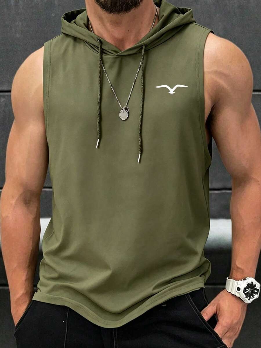 Camiseta de tirantes con capucha y cordón de hombre con estampado de gaviota - Verde militar - Ver 1