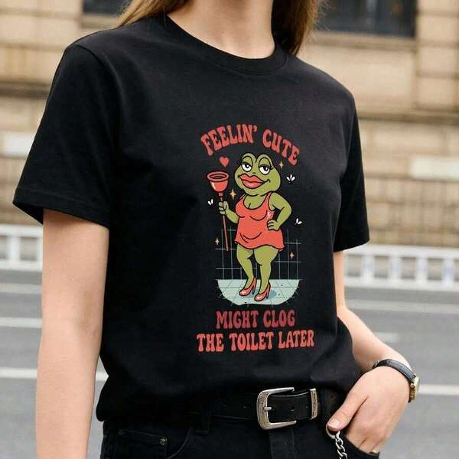 Stampa T-Shirt 2026, T-Shirt Grafiche Oversize In Cotone, Maglietta A Maniche Corte Girocollo Con Cartoni Animati, Maglietta Divertente, T-Shirt "Swap Feeling Cute Might Clog The - 後退 - 查看 1