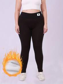 Plus Size Women's Thermal Lined Thickened Warm Leggings High Elasticity - Black - View 3